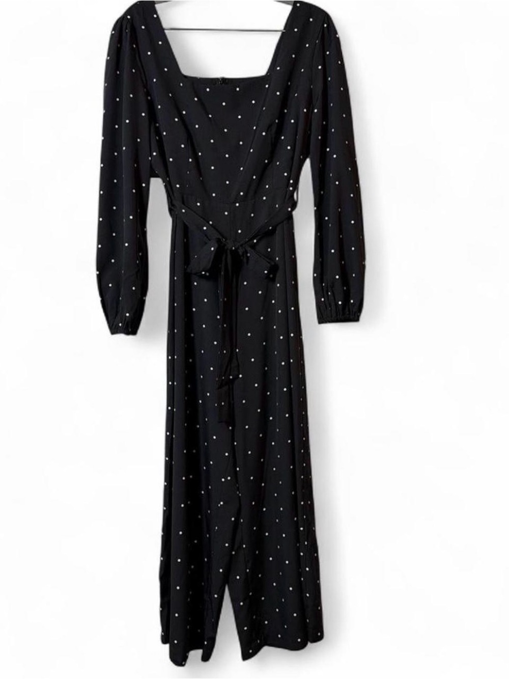 SHEIN Black Polka Dot Tie-Waist Long-Sleeve Jumpsuit